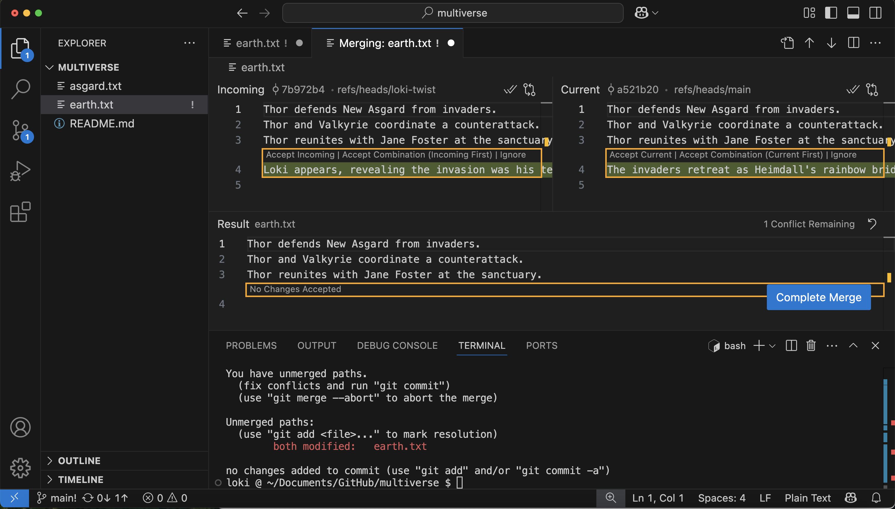 Resolving the merge conflict with the merge editor